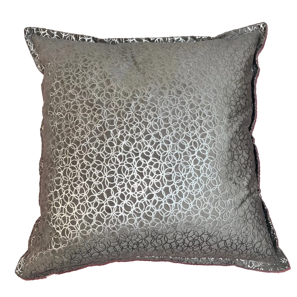 Decorative Velvet Throw Pillow, 20 x 20 Inches, Gray with Silver Ring Pattern, F